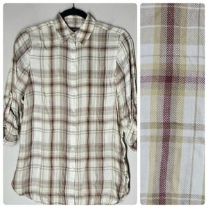 Classic Romantic Plaid Roll Tab Shirt Beige Burgundy Lauren Ralph Lauren NWT XS